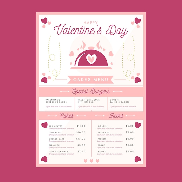 Vector platte ontwerp valentijnsdag menusjabloon