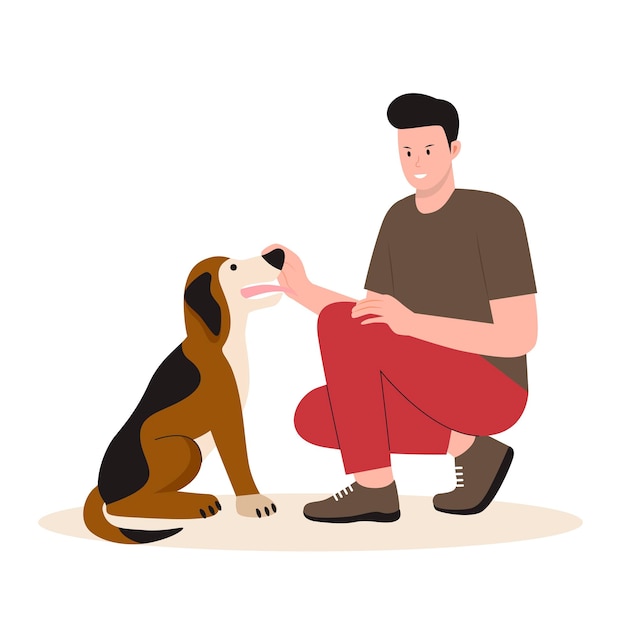 Vector platte ontwerp van gelukkige man met honden