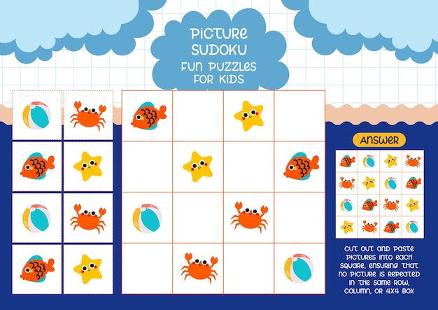 platte ontwerp vector leuke kleurrijke foto sudoku afdrukbaar voor kinderactiviteit