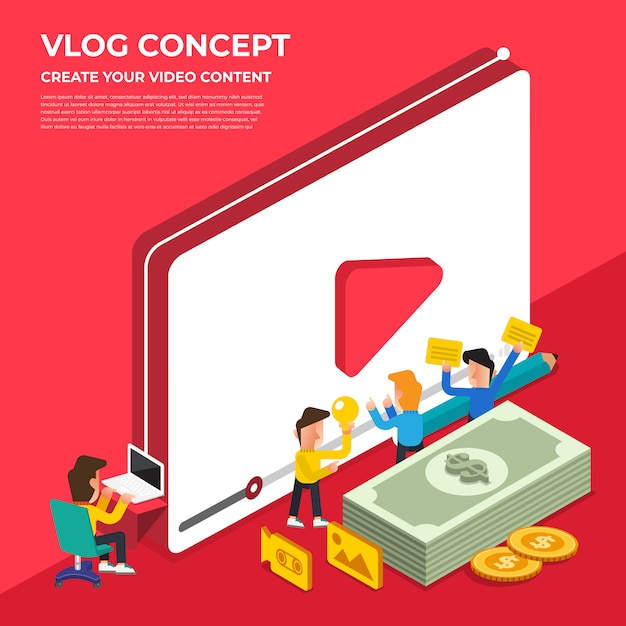 Platte ontwerp vlog concept. maak videocontent en verdien geld. illustreren