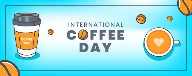 Vector platte ontwerpbanner internationale dag van koffie met kop en zaadkoffie 2
