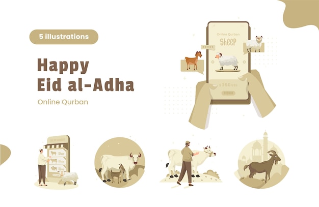 Platte ontwerpset van islamitische dag gelukkig eid adha mubarak concept