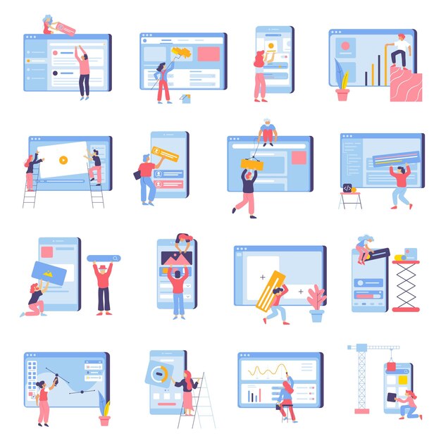 Platte pictogrammen voor webontwikkeling die zijn ingesteld met zestien geïsoleerde composities van afbeeldingen in doodle-stijl met menselijke karakters vectorillustratie