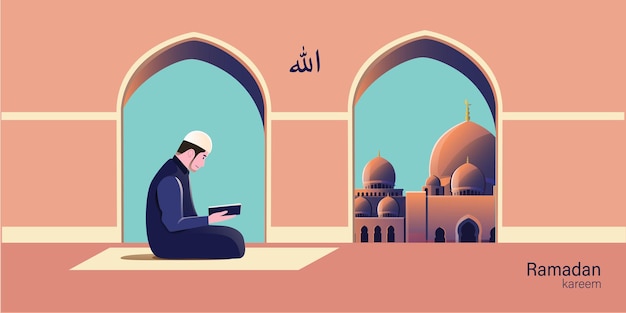 platte ramadan illustratie islam man lees koran