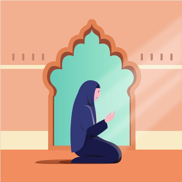 Vector platte ramadan illustratie islam vrouw bid in moskee