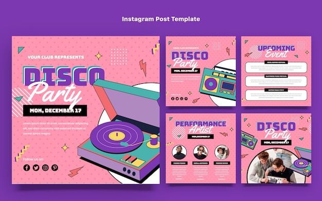 Vector platte retro disco party instagram posts collectie