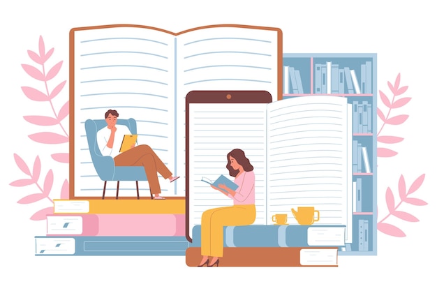 Platte samenstelling van de online bibliotheek met kleine karakters van het lezen van vrouw en man bij geopende grote boeken en smartphone-afbeeldingen achtergrond vectorillustratie