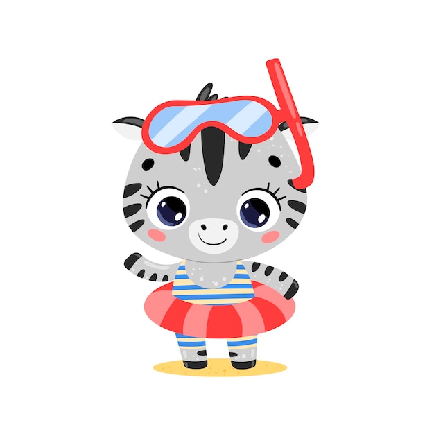 platte schattige cartoon zomerzebra met zwemring en duikmasker. Zomer tropische dieren op het strand