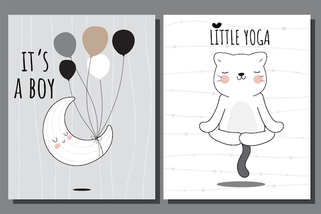 Platte schattige dierencollectie kattenyoga en maanillustratie voor kinderen leuk kattenkarakter