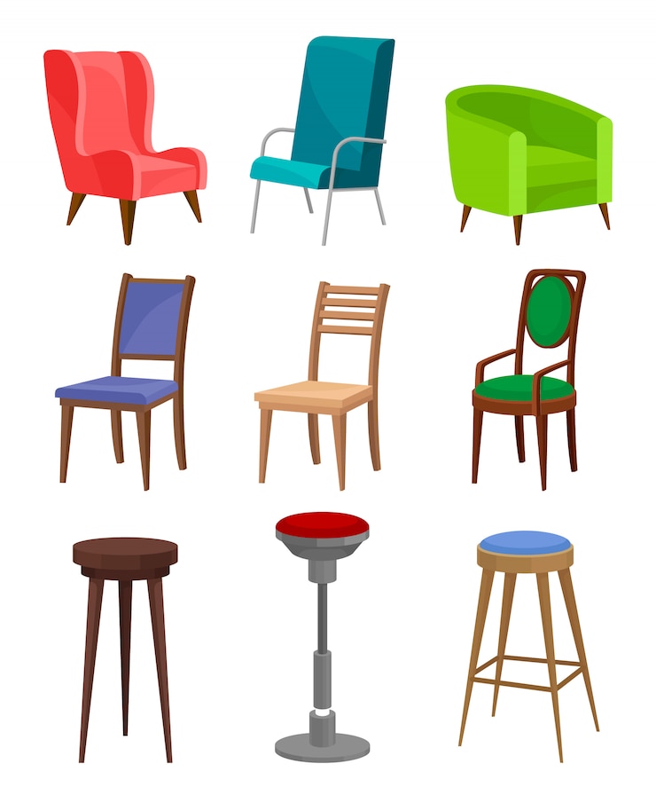 Vector platte set gezellige fauteuils, eetkamerstoelen en barkrukken. moderne meubelen. interieurobjecten