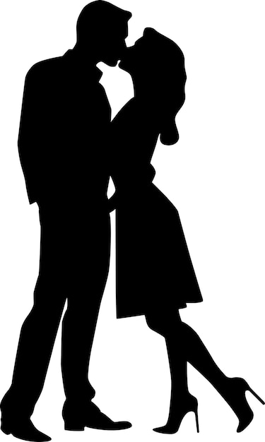 Vector platte silhouet van een vintage jong koppel dat zoent vector illustratie voor liefde romantische relatie