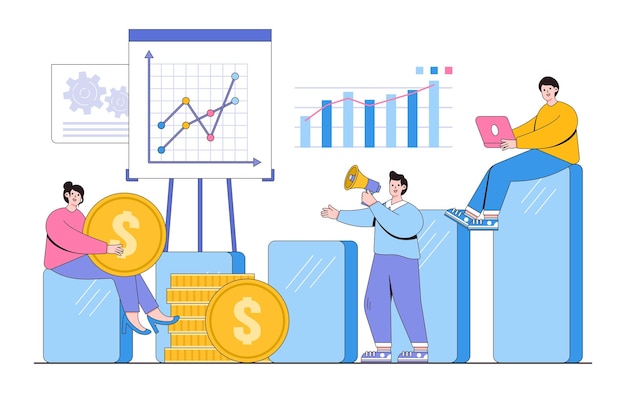 Platte statistische en gegevensanalyse bedrijfsgrafiek voor financiëninvesteringsconcept overzichtsontwerpstijl minimale vectorillustratie