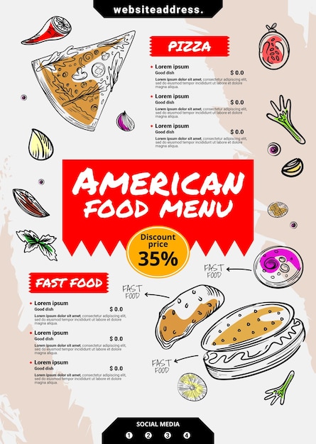 Platte stijl Latijns-Amerikaans voedselmenu-ontwerp met smakelijke voedselafbeeldingen
