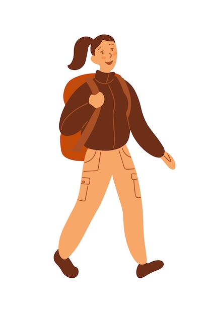 Platte stijl. Lopende vrouw, een toerist met een grote rugzak. Pastelkleuren. Een persoon gaat wandelen.
