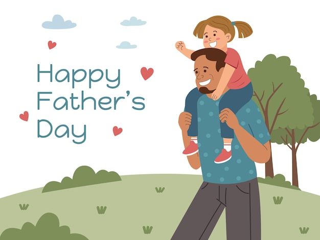 platte stijl vadersdag kaart vader die dochter op zijn schouders houdt