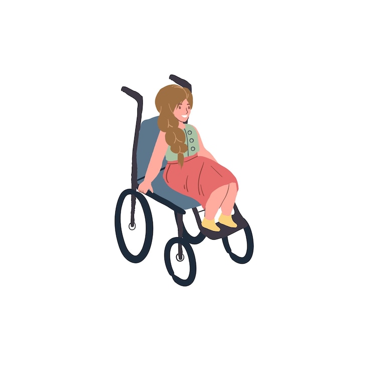 Vector platte stripfiguur meisje zit in rolstoel gehandicapte kinderen zorg en support happy jeugd vector illustratie concept