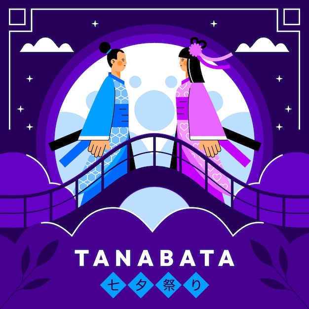 Platte tanabata illustratie met paar en volle maan op bridge