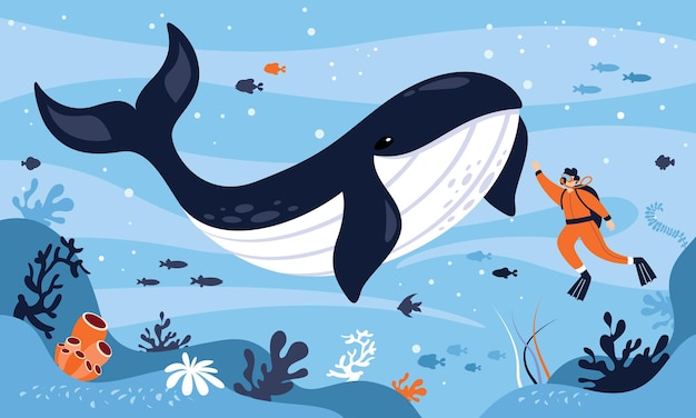 Platte tekening van een duiker en een walvis