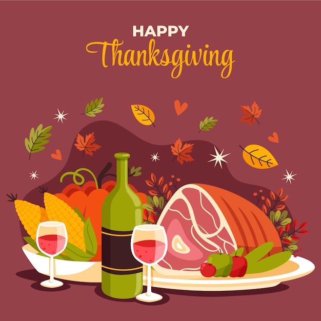 Vector platte thanksgiving illustratie met ham en wijn