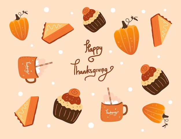 platte Thanksgiving-voedselset voor Thanksgiving-concept met platte ontwerpbronnen en achtergrond