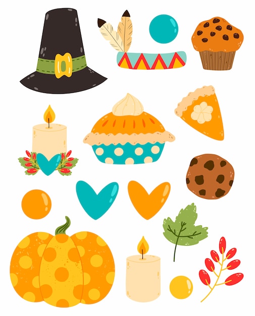 Platte vector cute cartoon set van thanksgiving day.