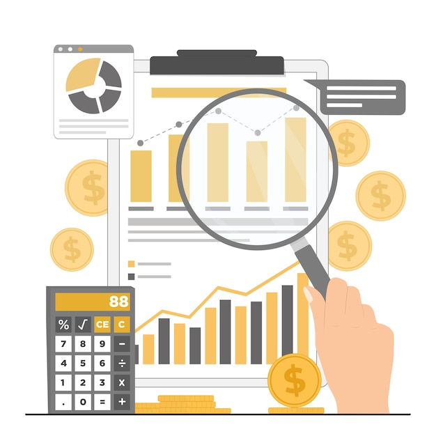 Platte vector financiële analist business performance analyse concept illustrator