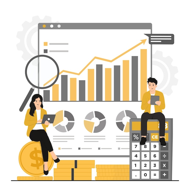 Platte vector financiële analist business performance analyse concept illustrator