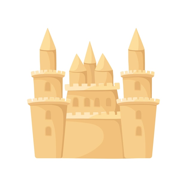 Platte vector icoon van enorm zandkasteel met torens Strandvakantie thema Element voor poster kinderboek of mobiel spel