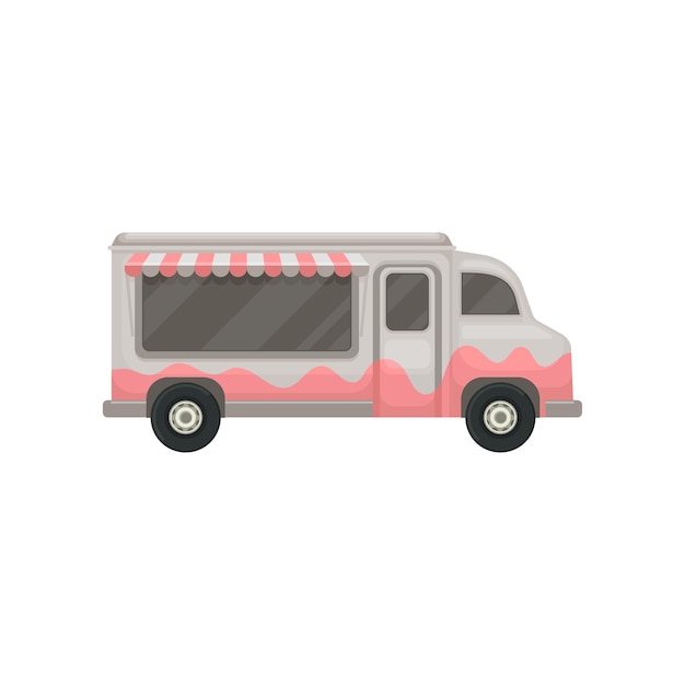 Platte vector icoon van food truck kleine grijze bestelwagen met luifel cafe op wielen grafisch ontwerp voor promo poster