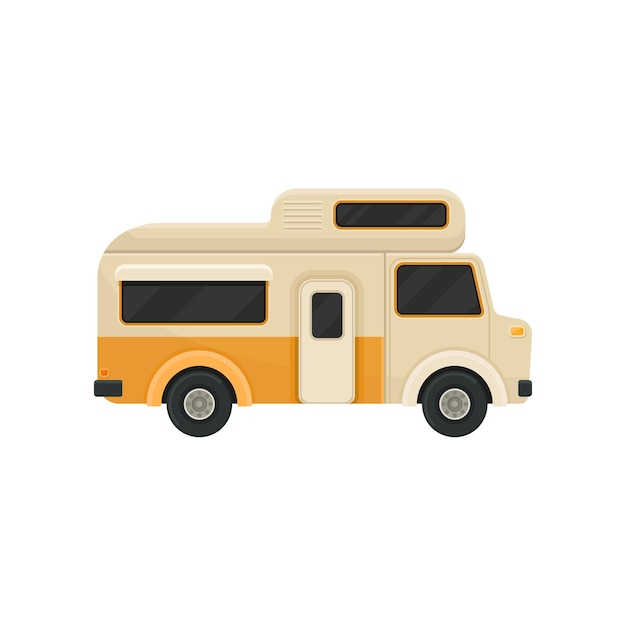 Platte vector icoon van oranje camper Aanhangwagen voor gezinsreis Transport met zwart getinte ramen