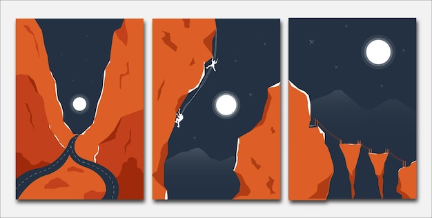 platte vector oranje klif met maan nachtscène voor speleoloog, poster enz