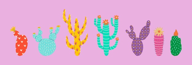 Platte vector set abstracte decoratieve cactussen met een patroon. cartoon-stijl.