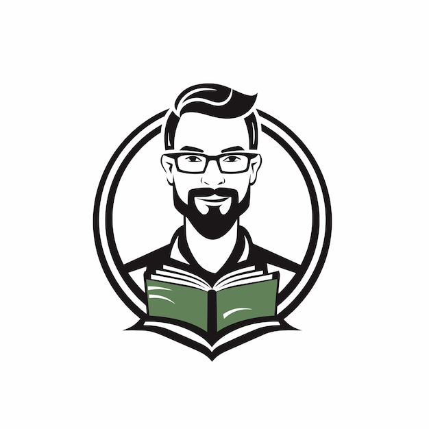 Platte vector van een man met een bril die verdiept is in het lezen van een boek