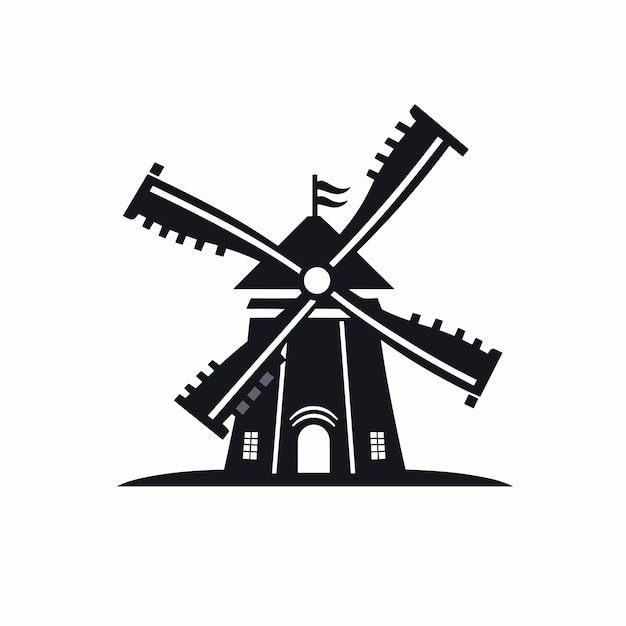 Platte vector van een zwart-witte windmolen in een platte vectorstijl