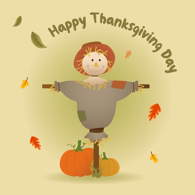 Vector platte vector van herfstoogst met vogelverschrikker en pompoenen voor happy thanksgiving wenskaart