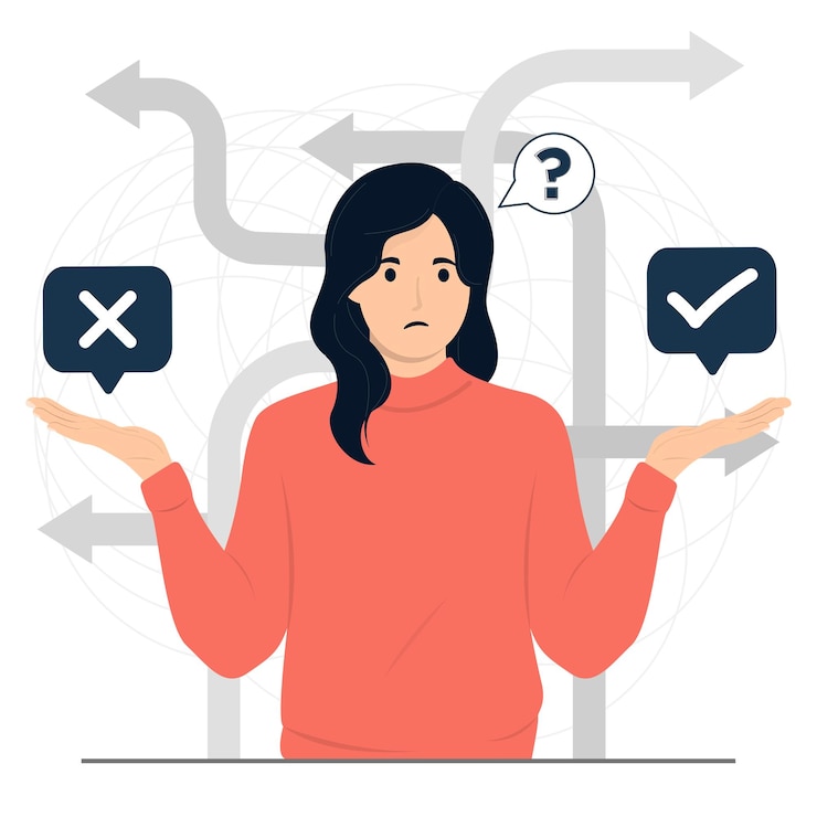 Vector platte vector vrouw ja of nee besluitvorming kies concept illustratie