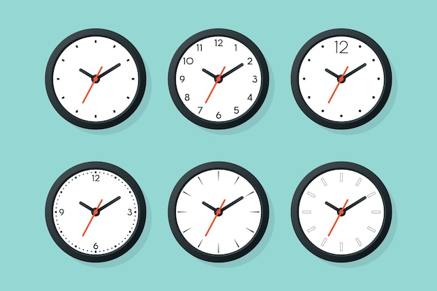 Platte Vector Wall Office klok Icon Set geïsoleerde witte wijzerplaat ontwerpsjabloon van Wall Clock Time Concept Top vooraanzicht