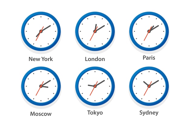 Platte Vector Wall Office klok Icon Set tijdzones van verschillende steden witte wijzerplaat ontwerpsjabloon van Wall Clock tijdzones close-up bovenaanzicht