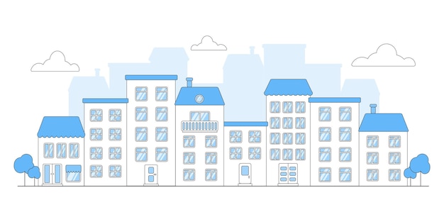 Platte vectorillustratie in blauw panoramisch uitzicht stedelijk landschap