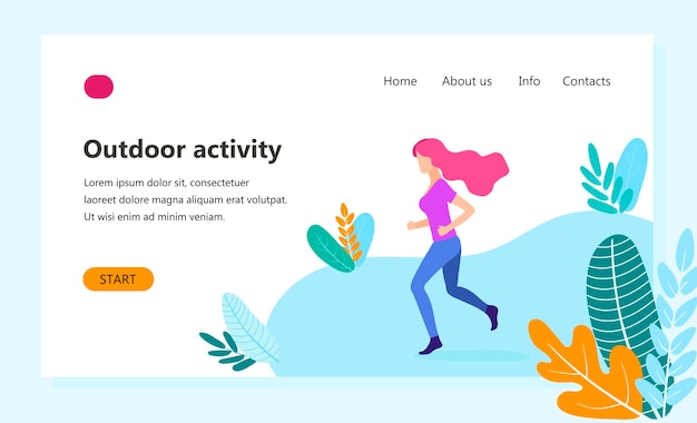 Platte vectorillustratie - sportief meisje loopt in het park. Bestemmingspaginasjabloon van gezonde levensstijl, fitness voor vrouwen, buitenactiviteiten. Banner, site, postersjabloon met plaats voor tekst, mobiele website