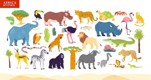 Platte vectorillustratie van afrika dieren, woestijn, planten: olifant, neushoorn, aap, zebra, krokodil, flamingo, schildpad, palmboom, cactus enz. voor kinderen alfabet, infographics, boek, banner, tag.