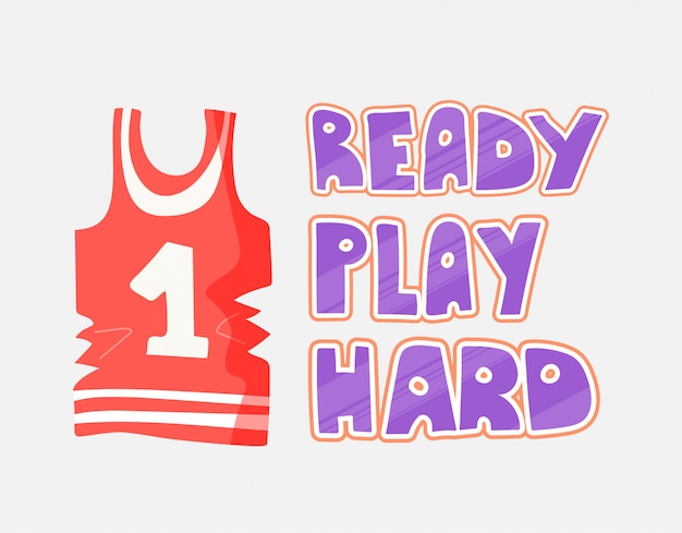 Platte vectorillustratie van basketbal top en belettering over klaar om hard te spelen.