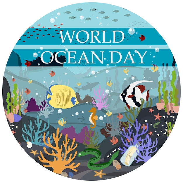 Platte vectorillustratie van de onderwaterwereld de wereld oceaan dag op 8 juni Bescherming van de natuur