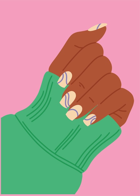 Platte vectorillustratie van een vrouwelijke donkerhuidige hand met een manicure in een sweater