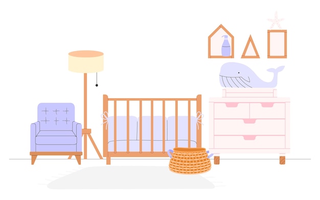 Platte vectorillustratie van het interieur van een kinderkamer in gezellige Scandinavische stijl