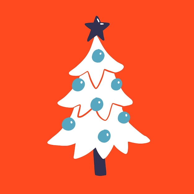 Platte vectorillustratie van kerstboom met blauwe ballen Leuke poster in eenvoudige cartoonstijl