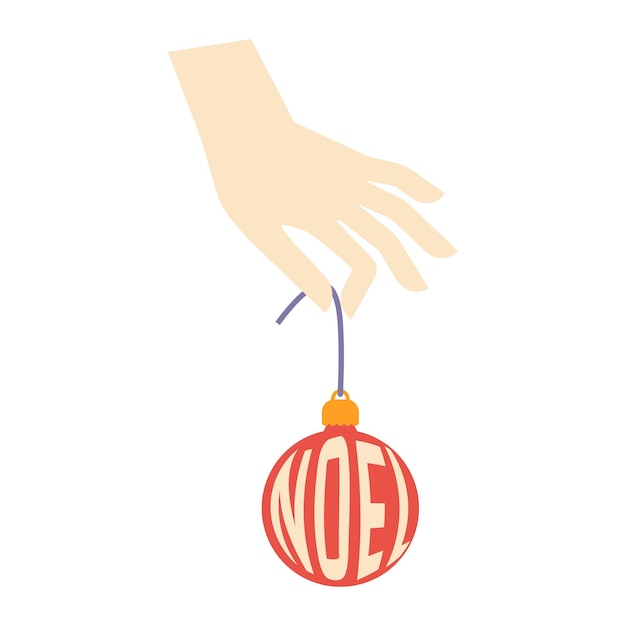 Vector platte vectorillustratie van menselijke hand met christmas ball palm met nieuwjaar speelgoed feestelijk element met noel-tekst