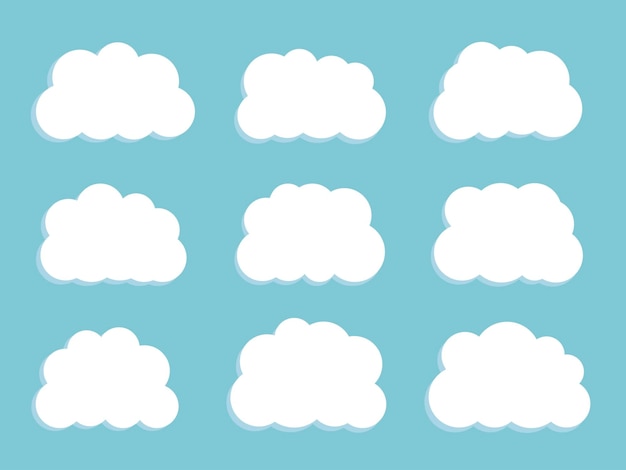 Platte vectorillustratie. Verzameling van vector cartoon wolken op een blauwe achtergrond. Set van hemel.