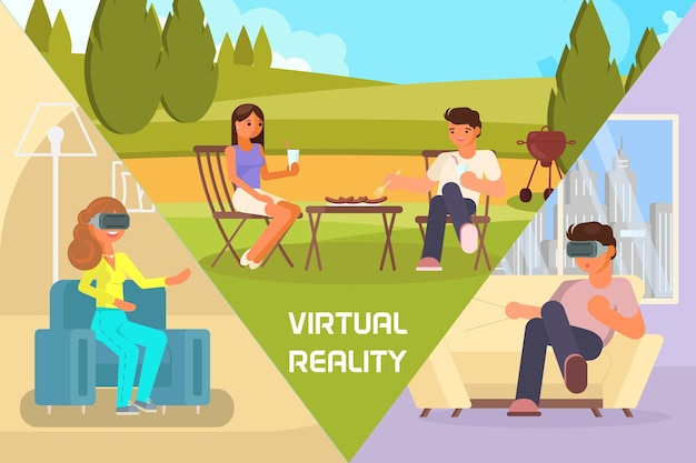 Platte vectorillustratie virtuele realiteit datum