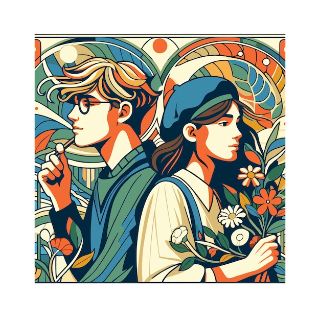 platte vectorontwerp van twee vrienden op Vriendschapsdag in art nouveau stijl